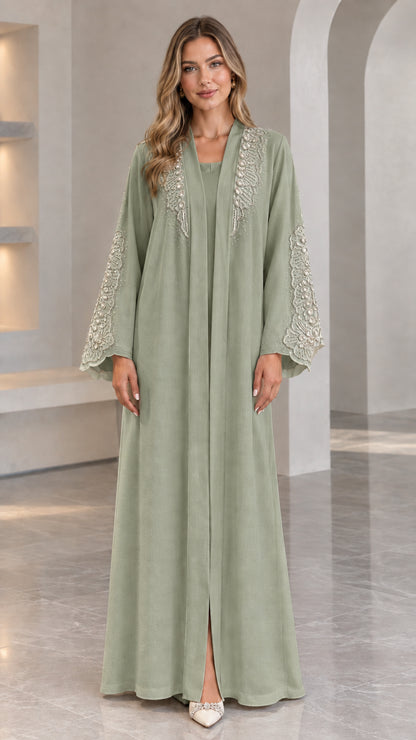 Front full view of Sage Green embroidered abaya maxi dress