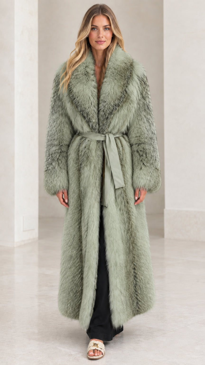 Front full-length view of Sage Green maxi faux fur coat