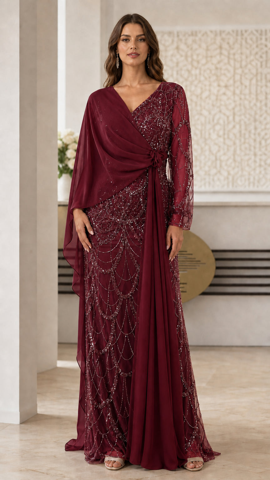 Full length view of burgundy formal evening gown