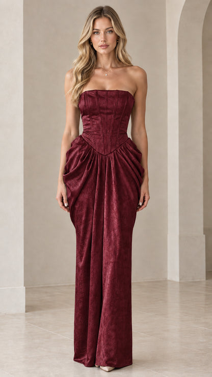 Front view of model wearing Burgundy wine strapless corset evening gown