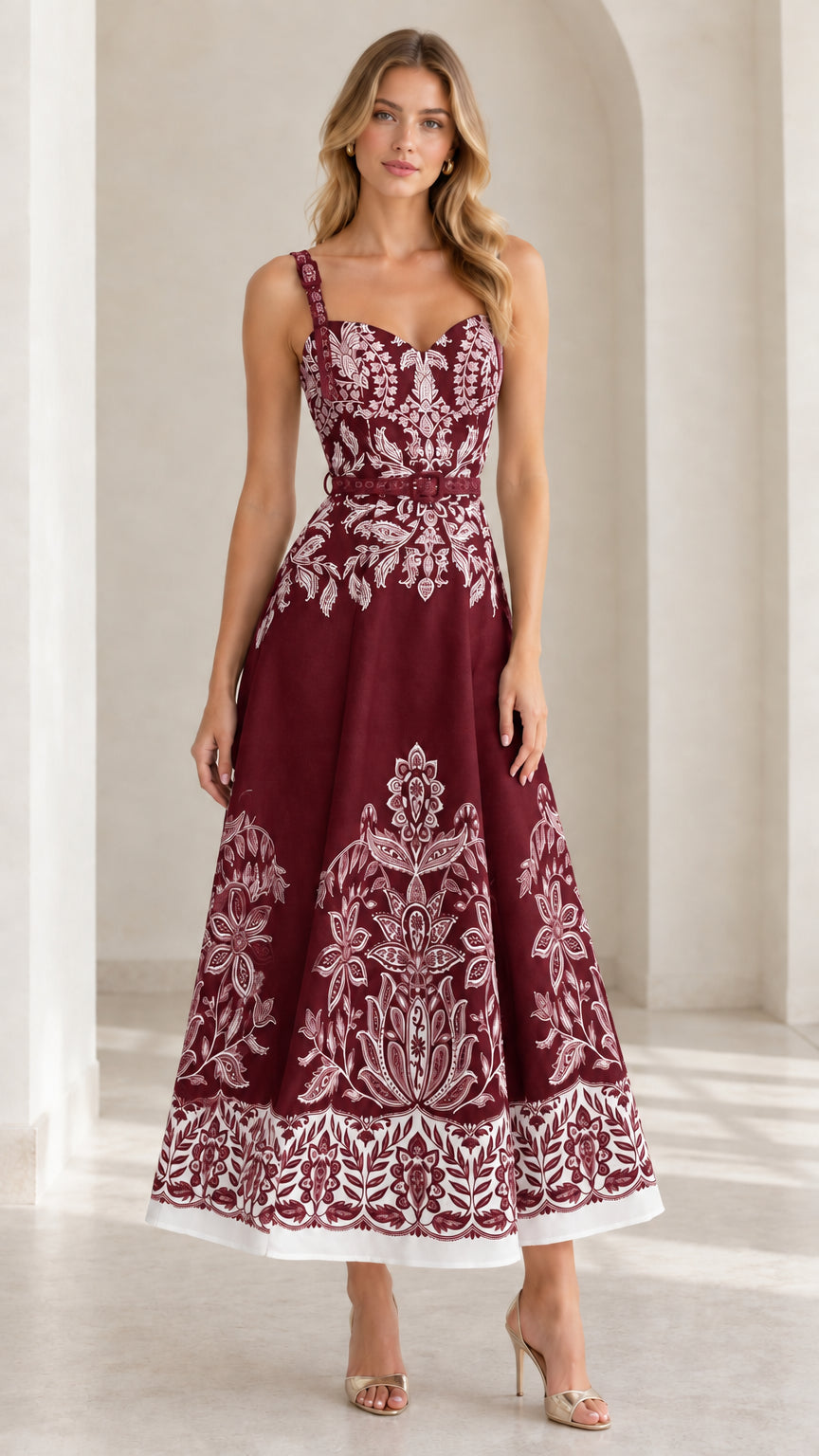 Burgundy wine red baroque print sweetheart neckline midi dress on model