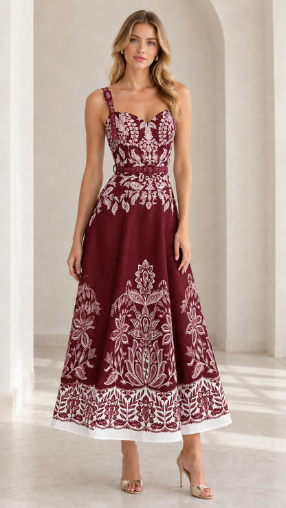 Burgundy wine red baroque print sweetheart neckline midi dress on model