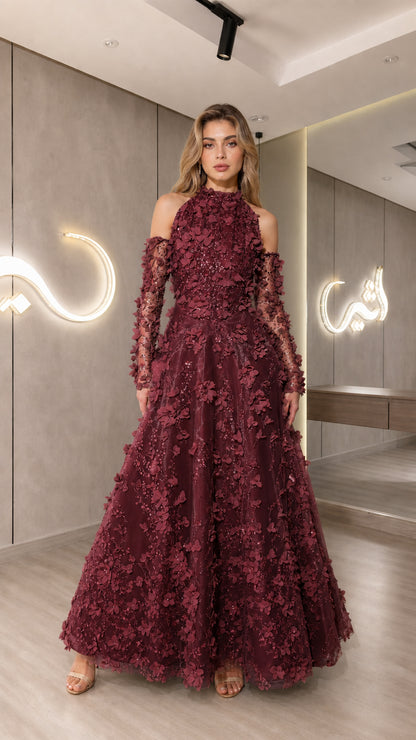 Front view of burgundy wine 3D floral applique cold shoulder halter formal dress