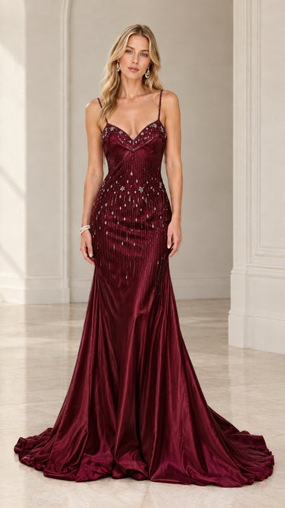 Burgundy wine red satin formal evening gown on model