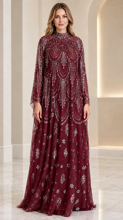 Burgundy wine red beaded long sleeve formal evening gown