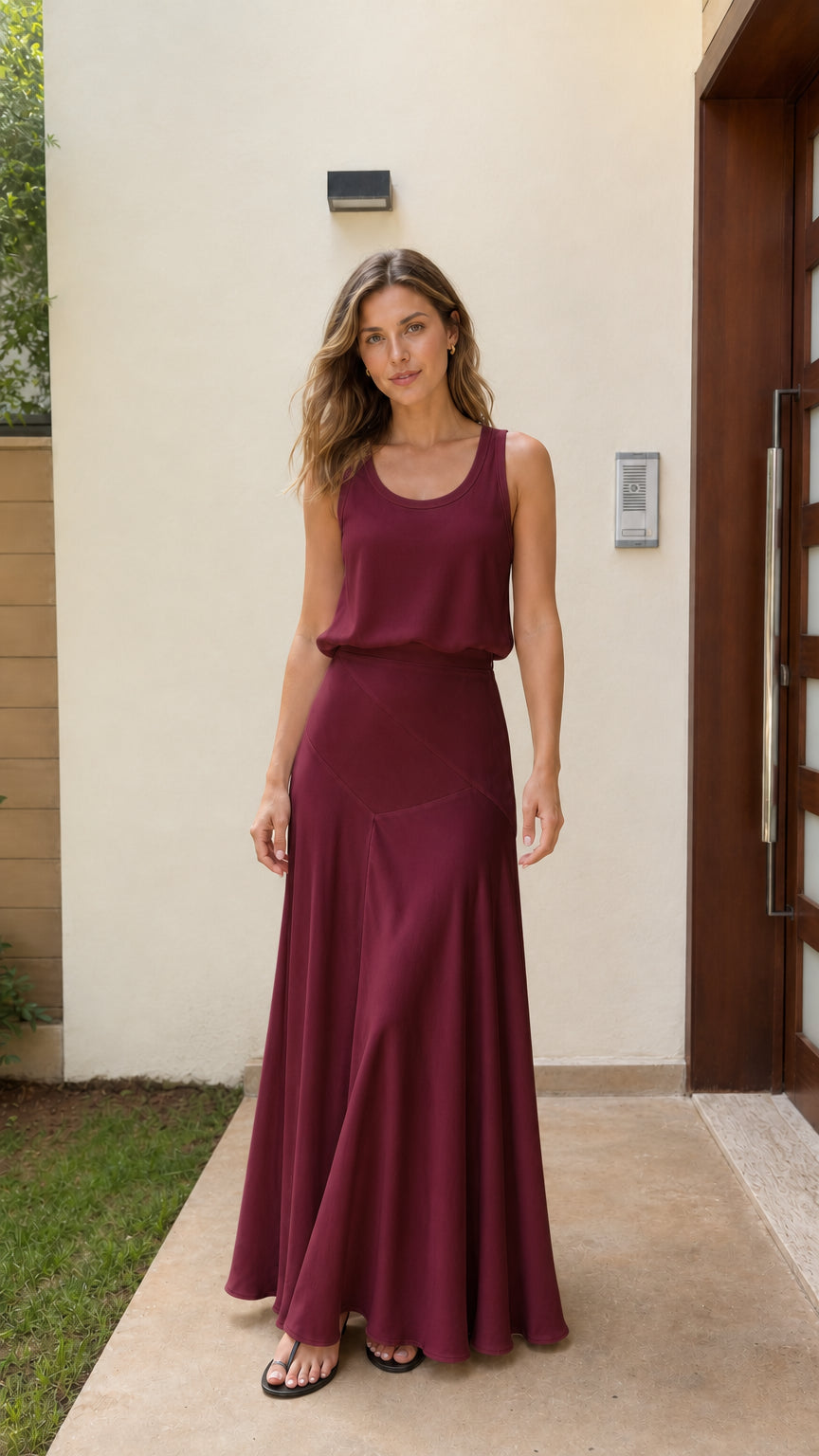 Front view of woman wearing burgundy sleeveless flared maxi dress