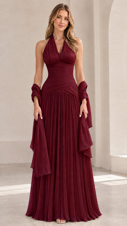 Full-length Burgundy wine red halter pleated maxi dress with matching scarf