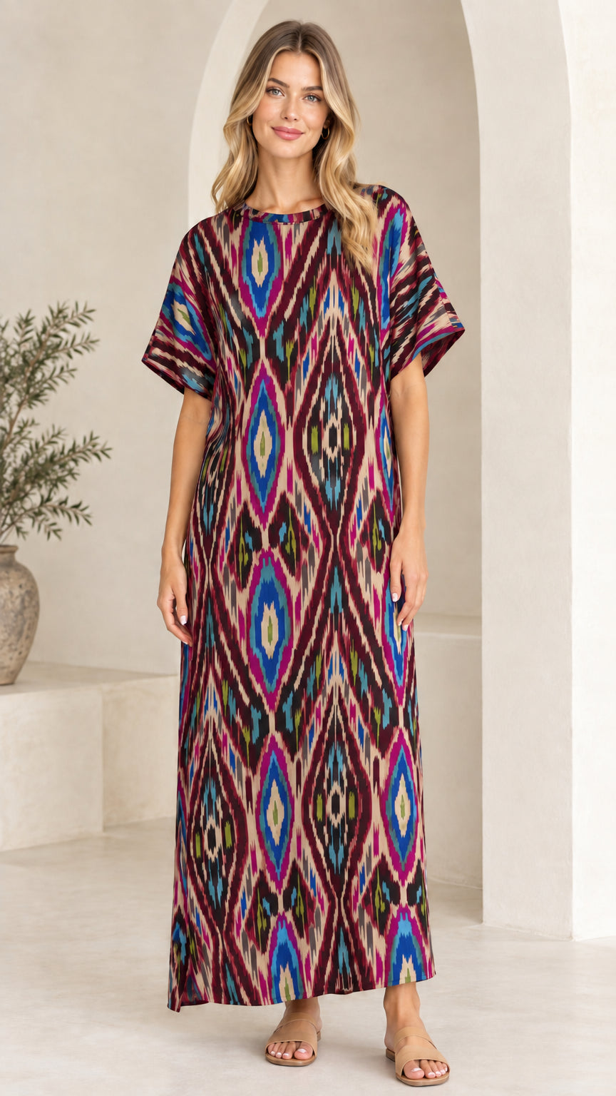 Woman wearing Burgundy Multi diamond ikat printed maxi dress