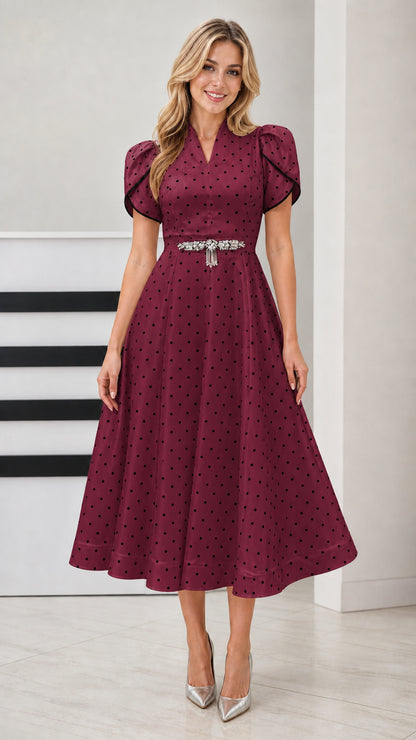 Front view of woman wearing Burgundy wine polka dot V-neck flared midi dress