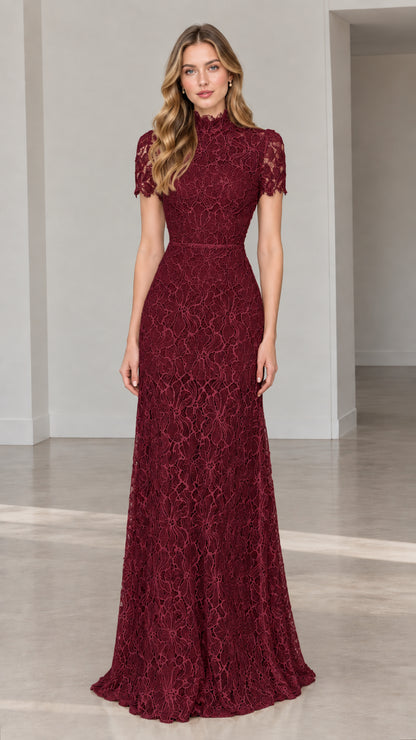 Front full-length view of model wearing burgundy high-neck floral lace gown