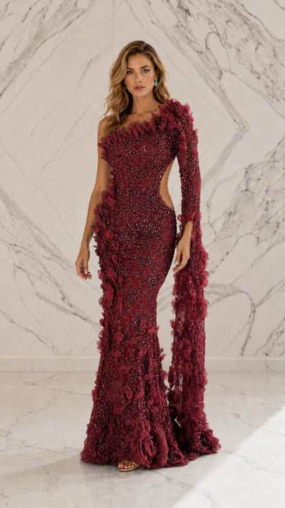 Burgundy variant of one-shoulder floral cutout evening dress
