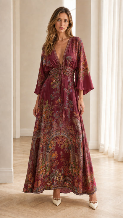 Front view of burgundy floral bohemian maxi dress