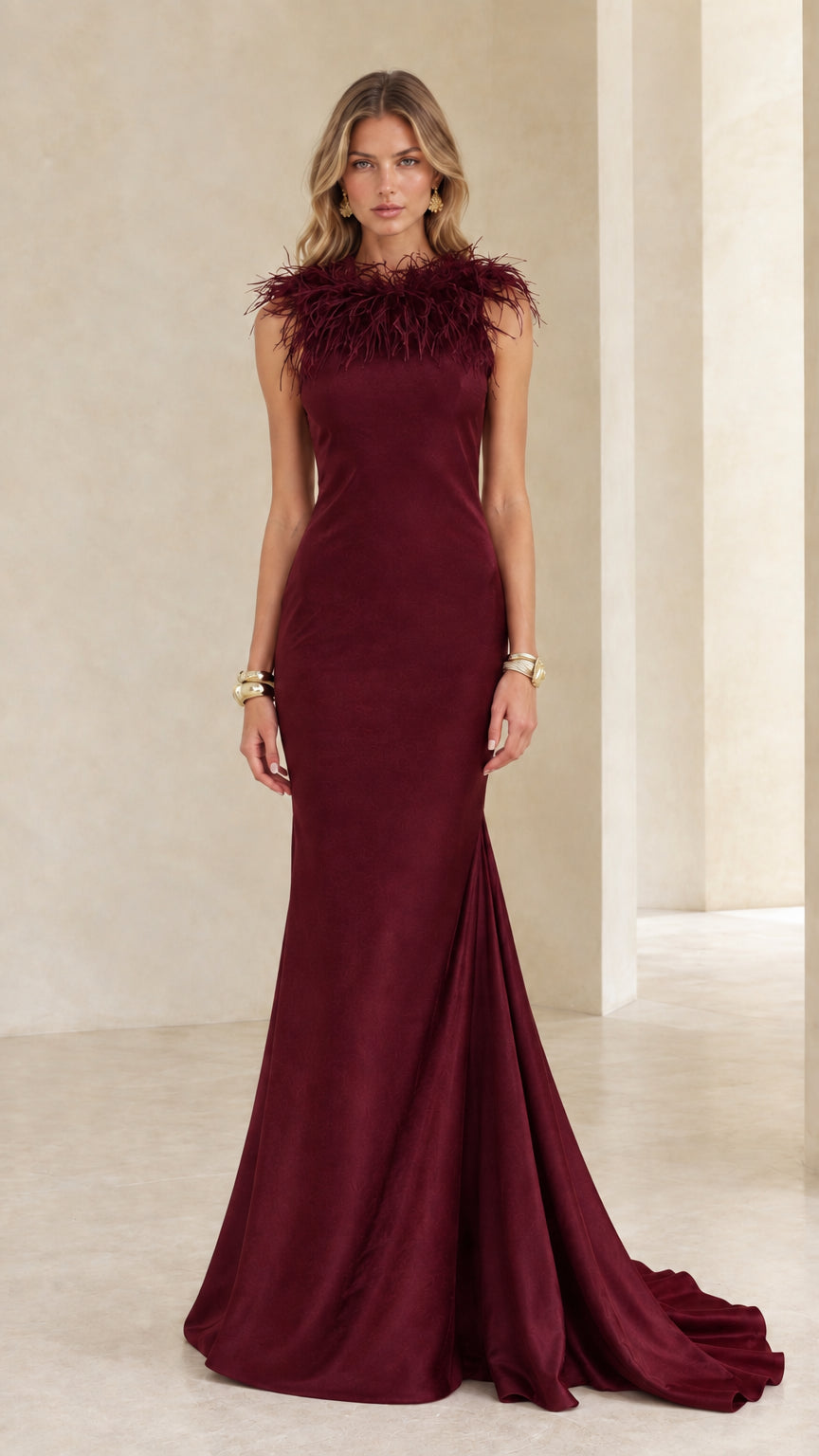 Burgundy feather embellished sleeveless mermaid maxi gown
