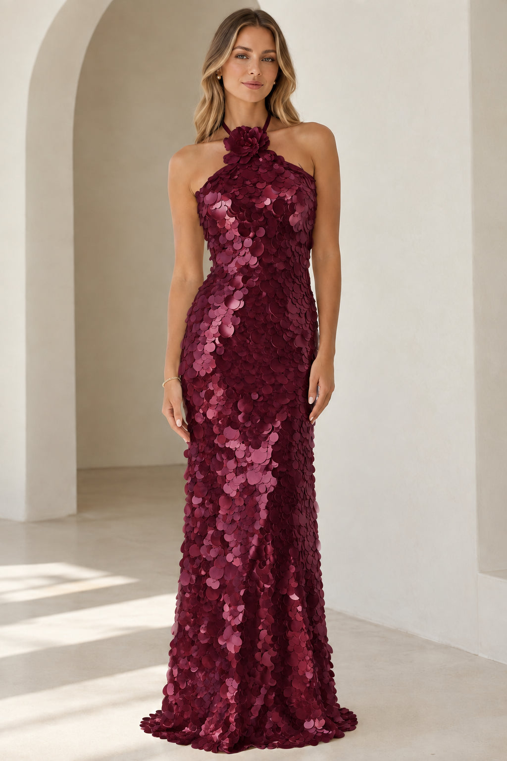Front view of burgundy floral halter sequin maxi dress