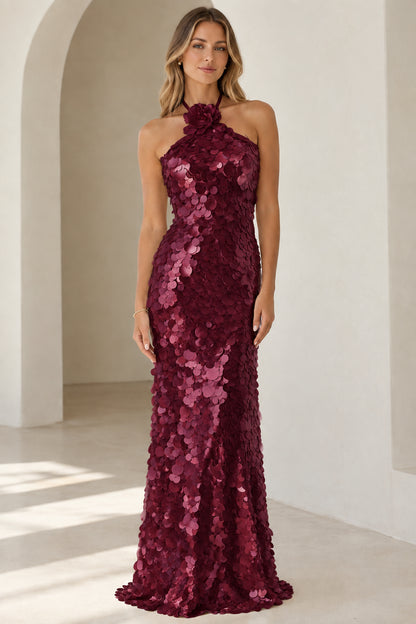 Front view of burgundy floral halter sequin maxi dress