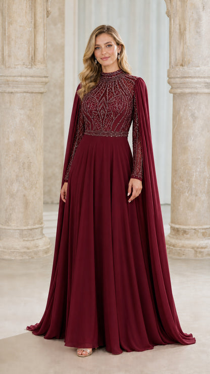 Front view of burgundy evening gown with cape