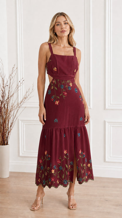 Front view of Burgundy Floral Embroidered Cutout Square Neck Maxi Dress