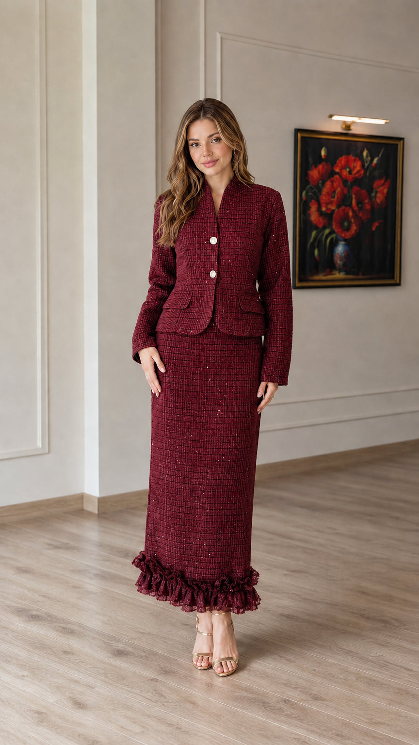 Burgundy wine red tweed jacket and ruffled maxi skirt suit set