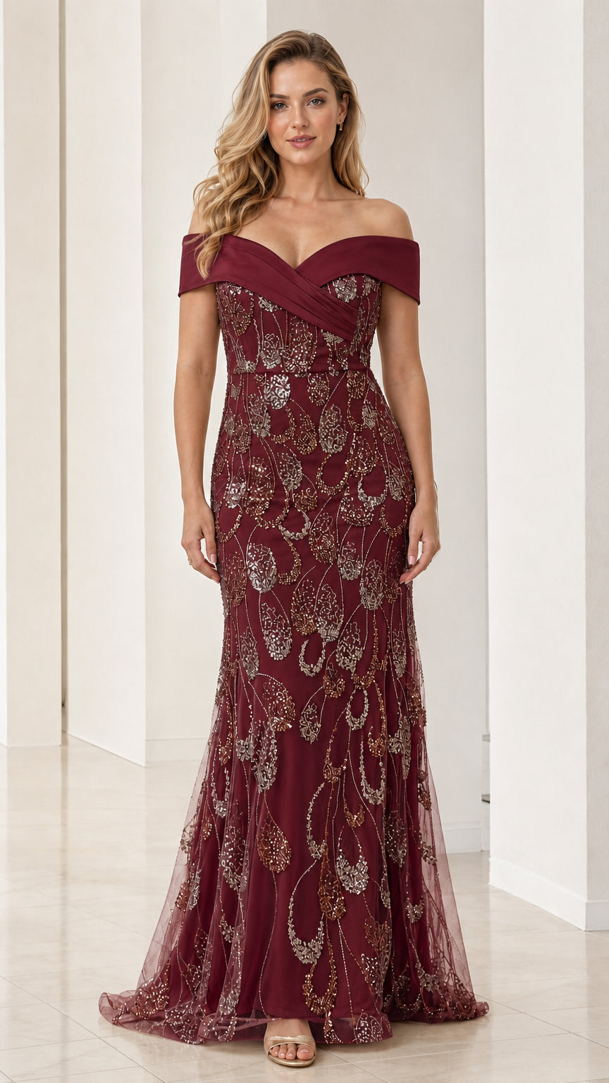 Burgundy off-the-shoulder sequin mermaid maxi formal gown