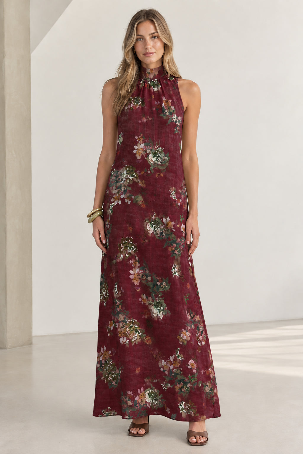 Front view of Burgundy floral halter neck sleeveless maxi dress