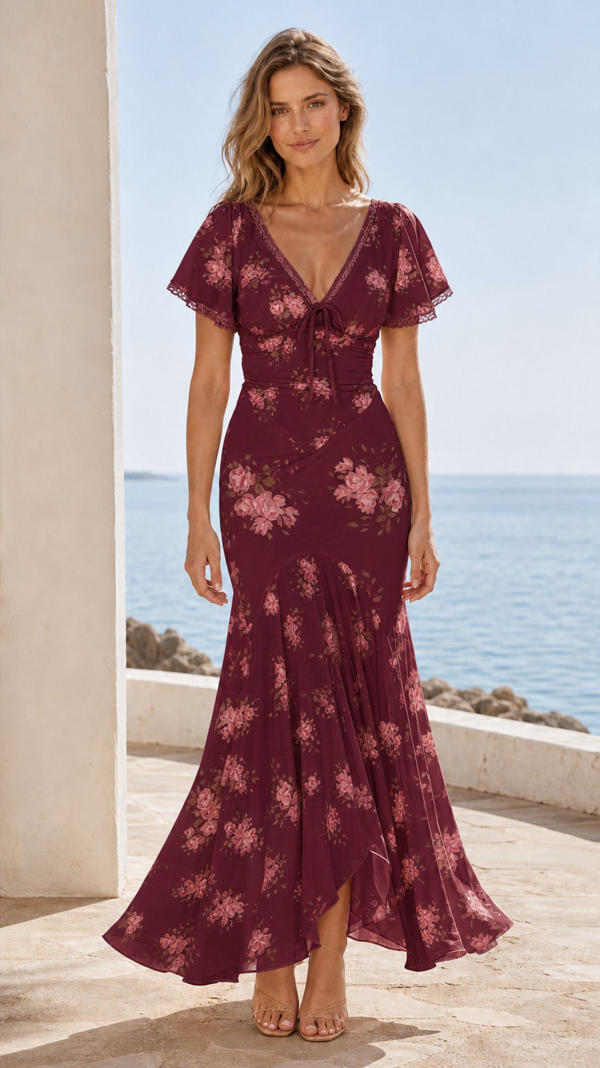 Front view of burgundy floral maxi dress on model