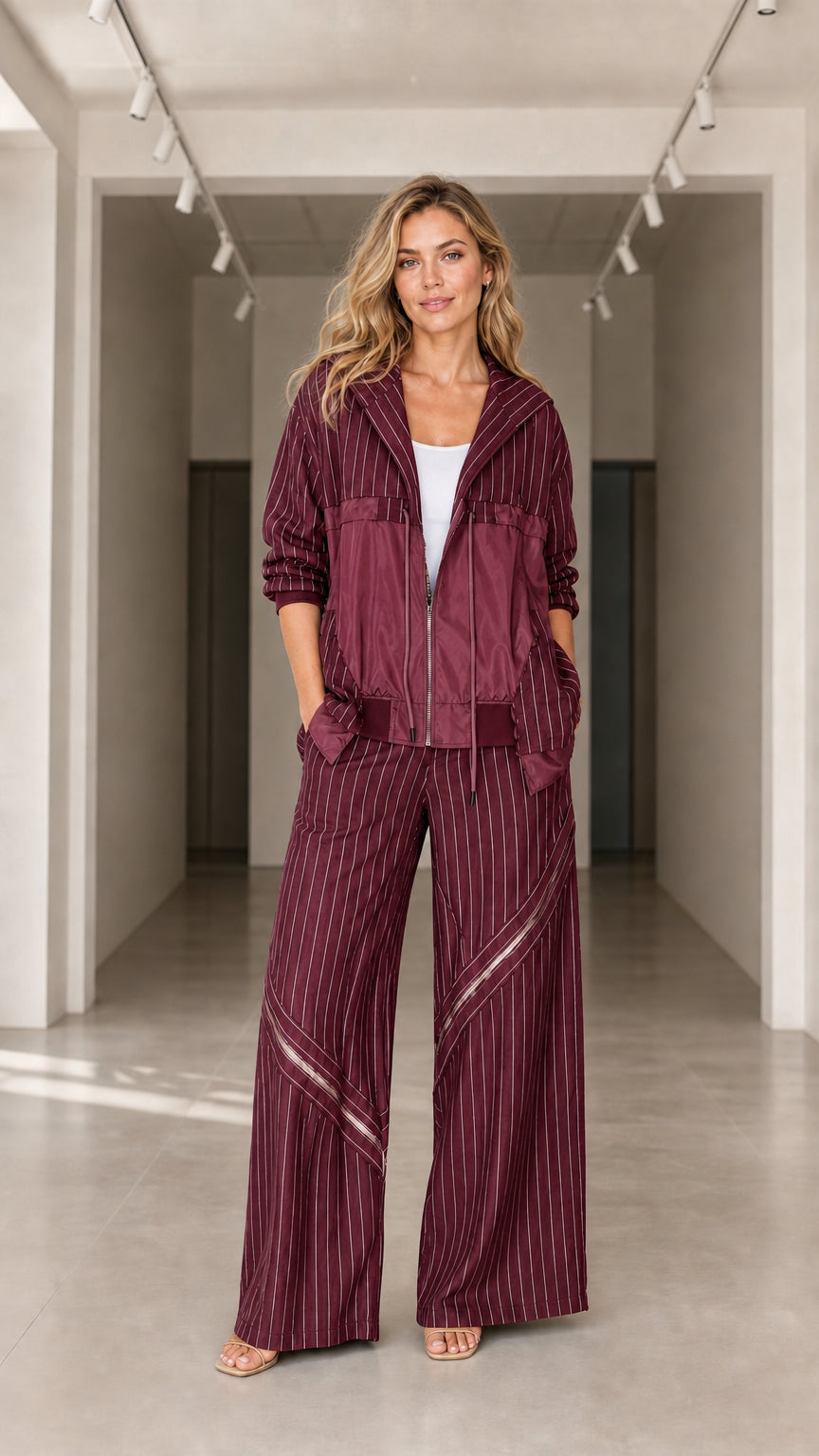 Front view of model wearing burgundy pinstripe jacket and wide-leg pants set
