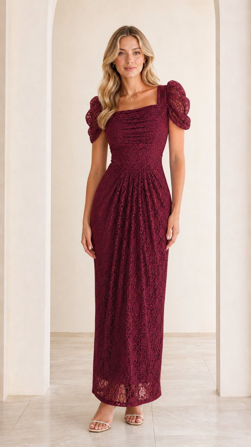 Burgundy wine red square neck ruched lace evening gown front view