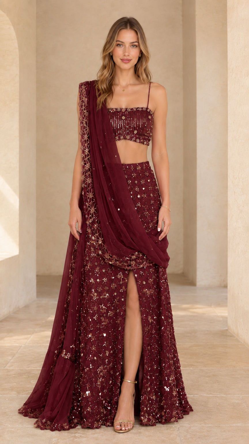 Burgundy wine sequined 3-piece lehenga evening set