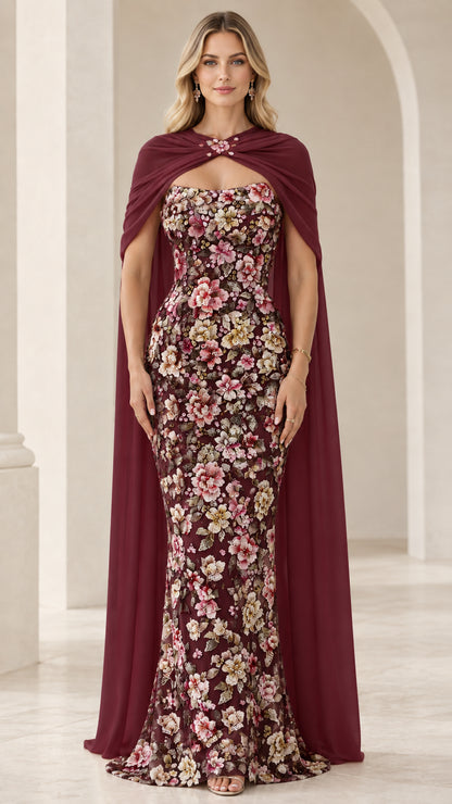 Burgundy floral embroidered evening gown with sheer wine capelet