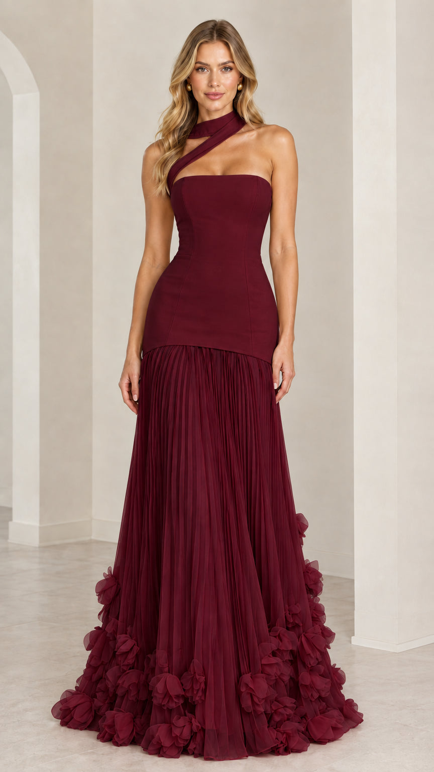 Model wearing the burgundy wine asymmetric pleated drop-waist evening gown