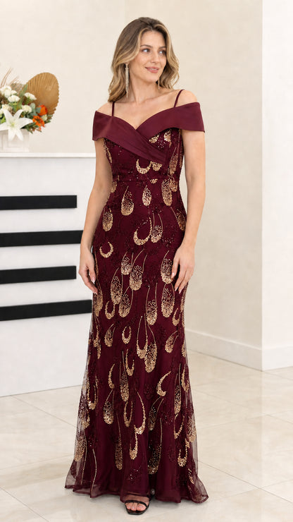 Front view of burgundy wine sequin cold shoulder floor-length evening dress