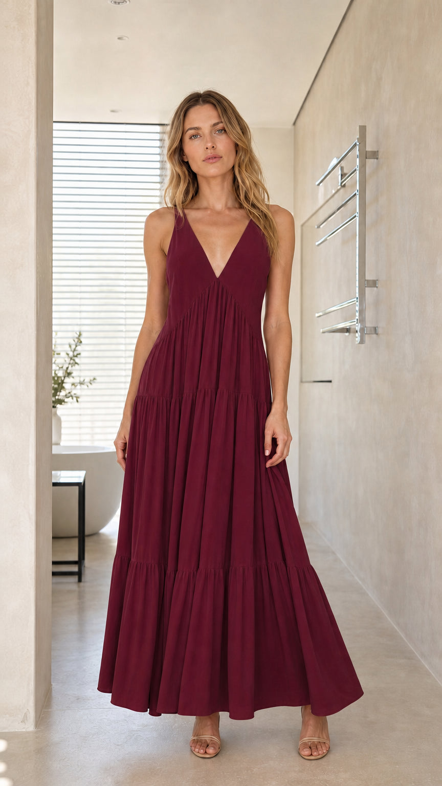 Model wearing Burgundy V-neck tiered maxi dress