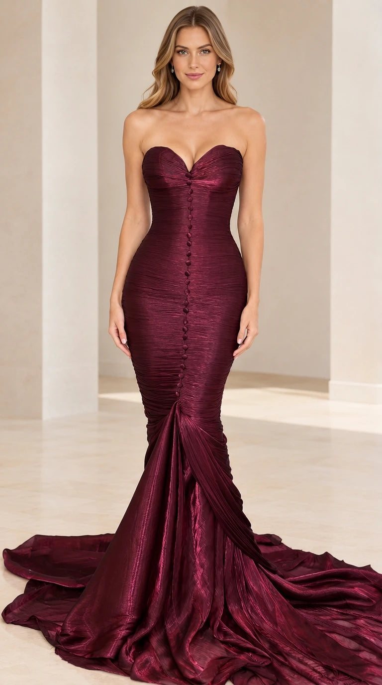 Model wearing deep burgundy strapless pleated mermaid evening dress