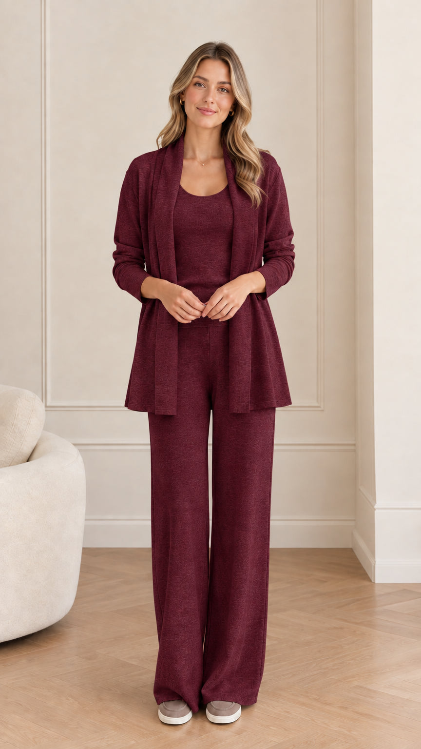 Front view of woman wearing Burgundy 3-piece knit loungewear set