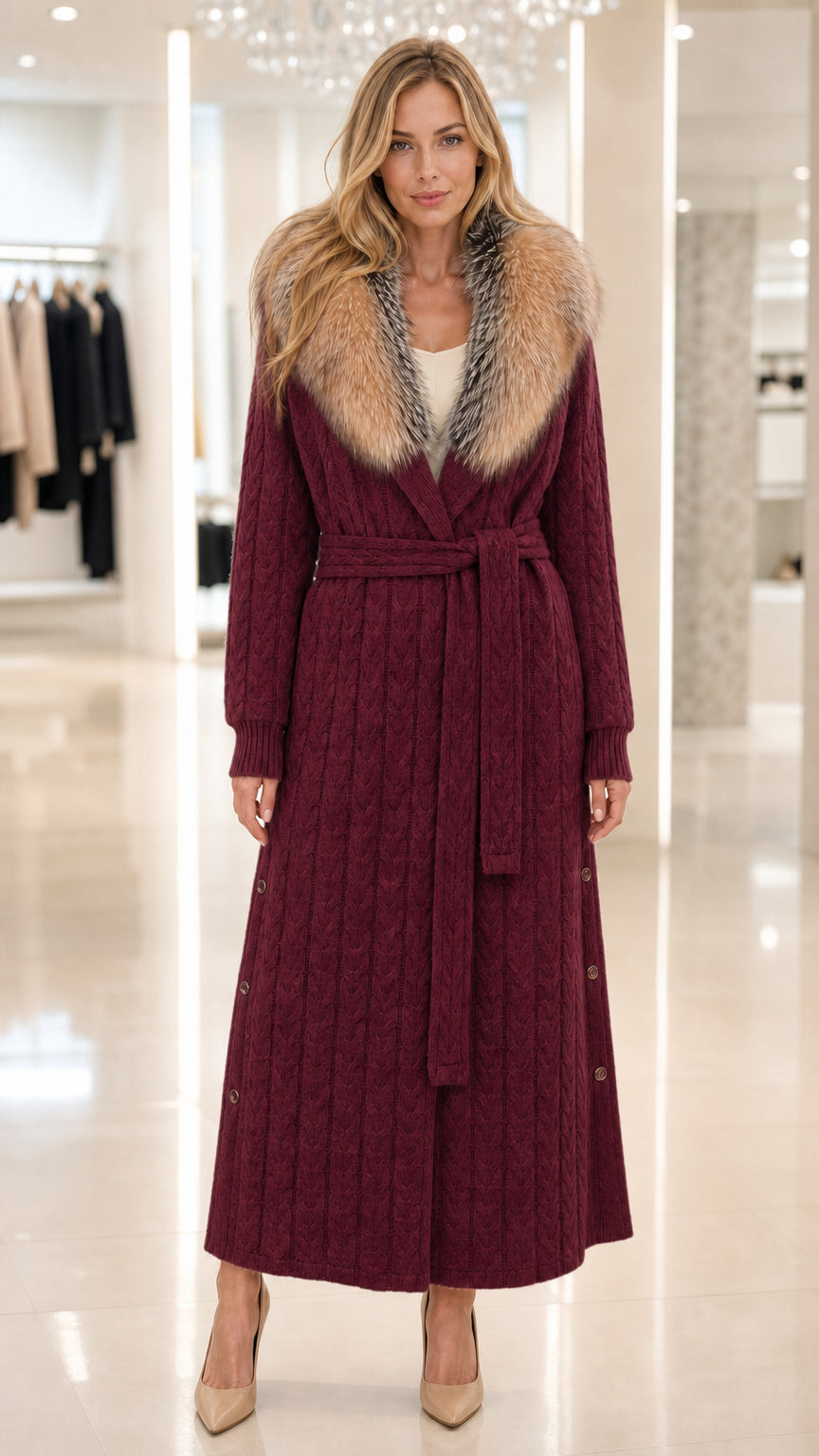 Front view of model wearing rich burgundy wine red cable knit maxi cardigan coat