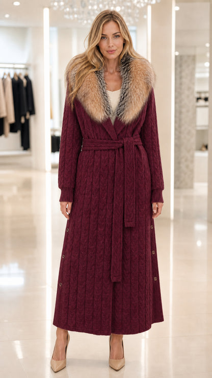 Front view of model wearing rich burgundy wine red cable knit maxi cardigan coat