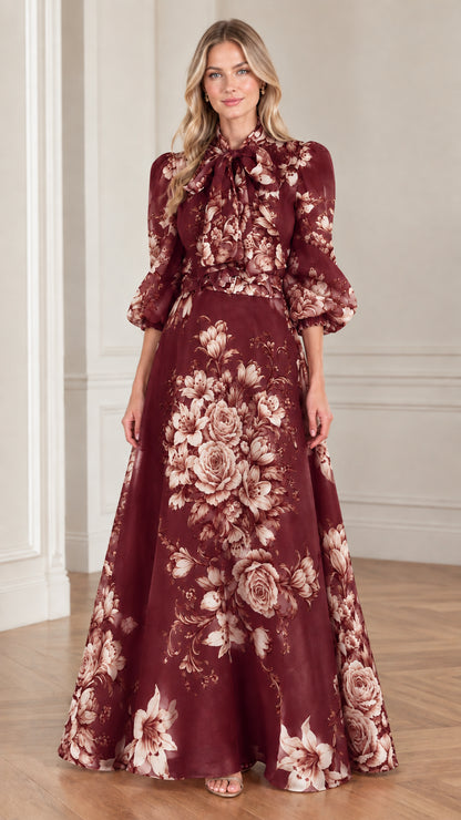 Full front view of burgundy wine red floral tie-neck belted maxi dress