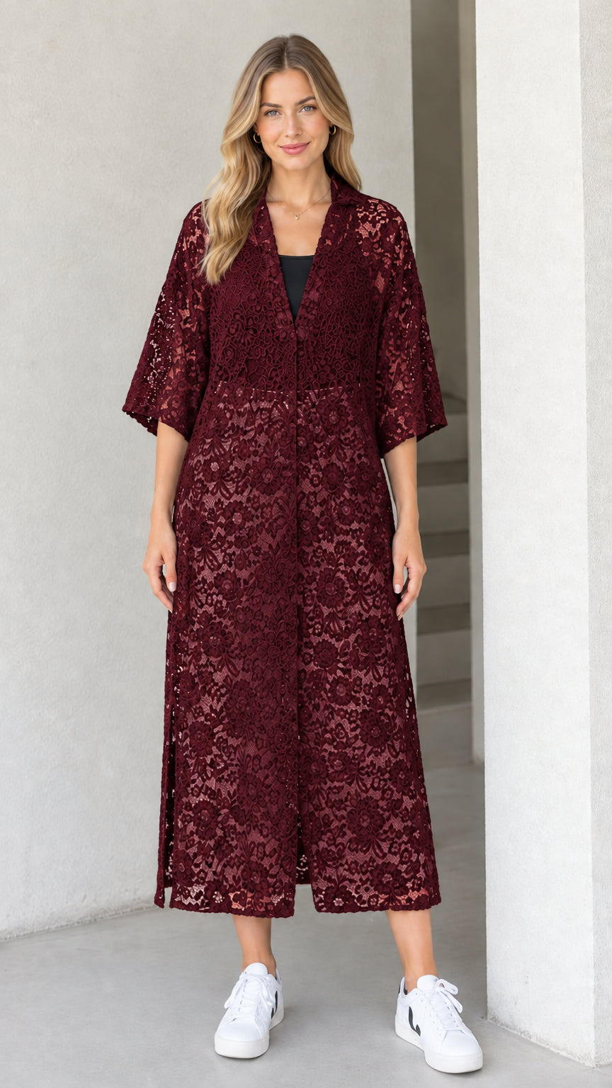 Front view of model wearing rich burgundy wine floral lace midi duster dress