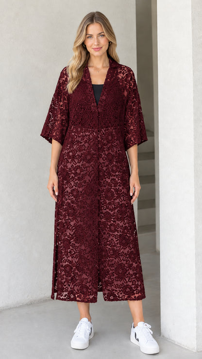 Front view of model wearing rich burgundy wine floral lace midi duster dress