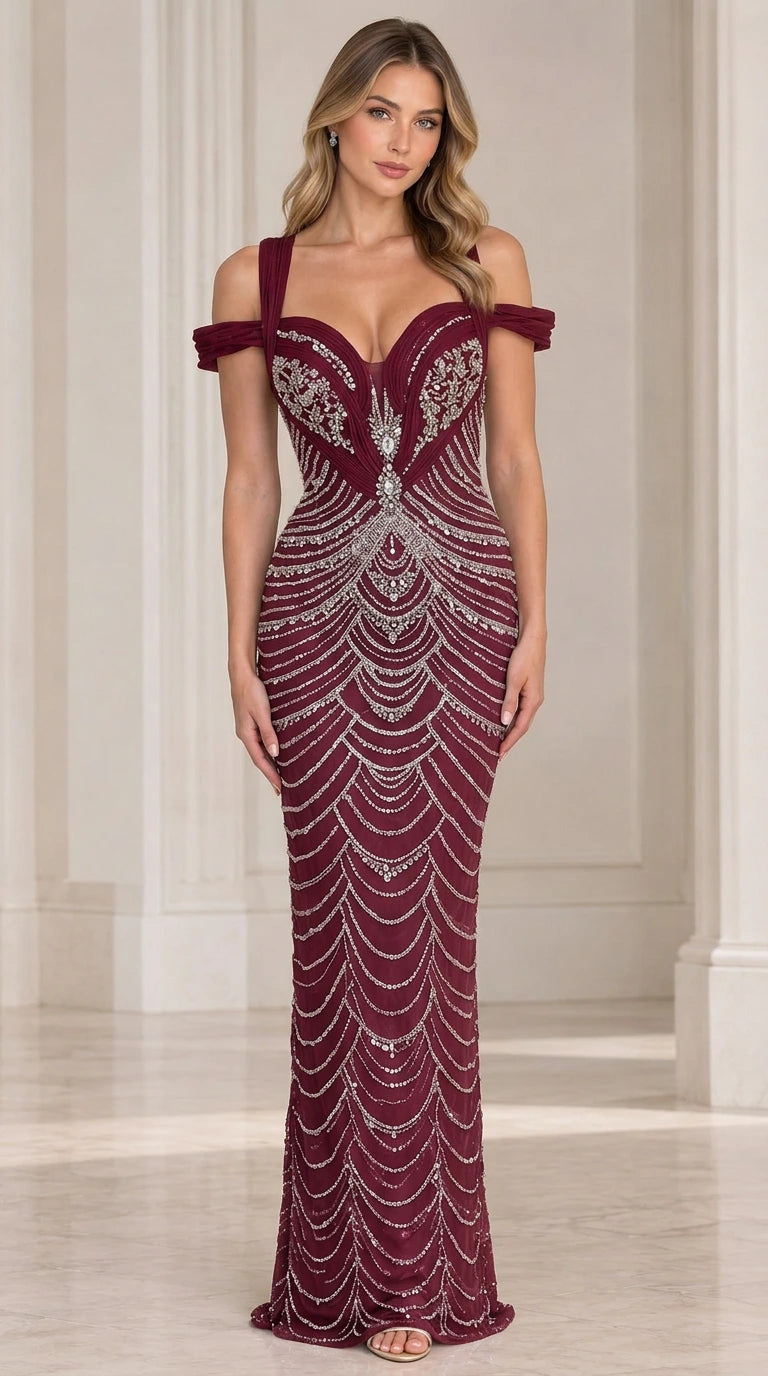 Burgundy wine beaded evening gown with draped off-the-shoulder sleeves