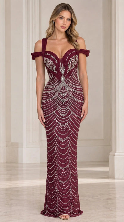 Burgundy wine beaded evening gown with draped off-the-shoulder sleeves