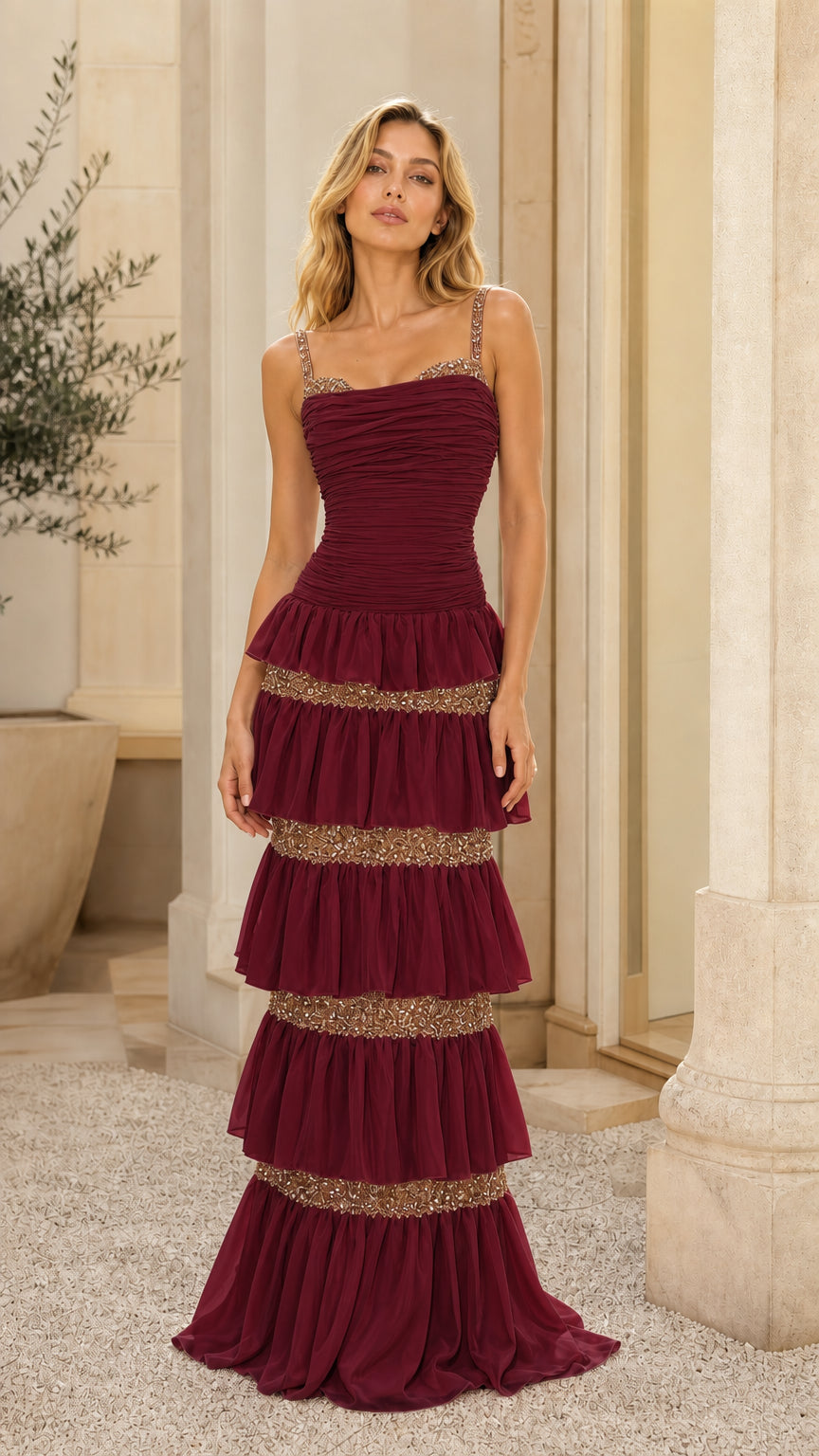 Front view of burgundy tiered sequin maxi dress variant