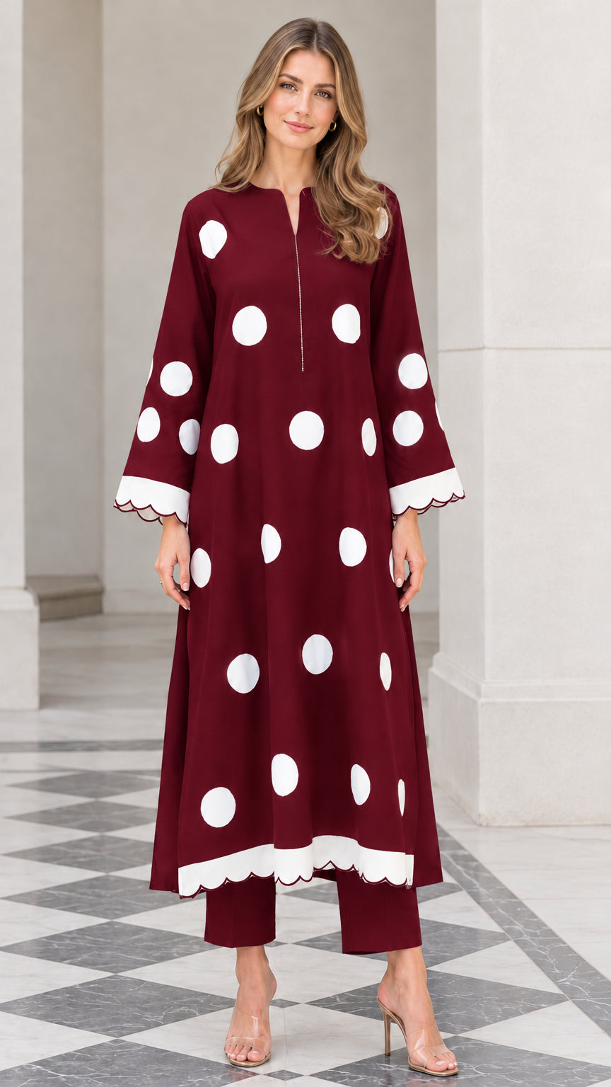 Model wearing Burgundy red polka dot tunic and pants set with scalloped hem