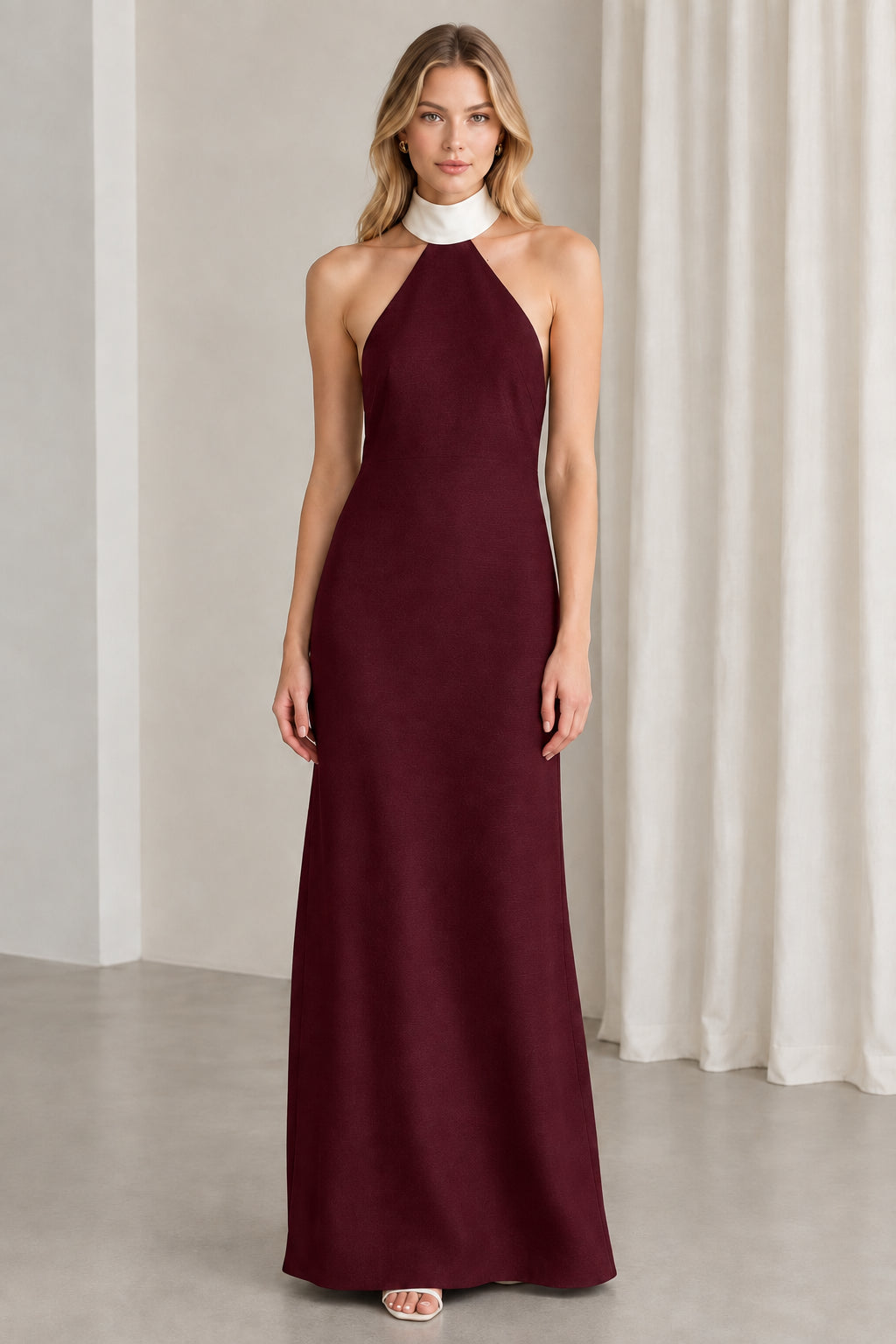 Burgundy halter neck floor-length formal gown with white contrast collar
