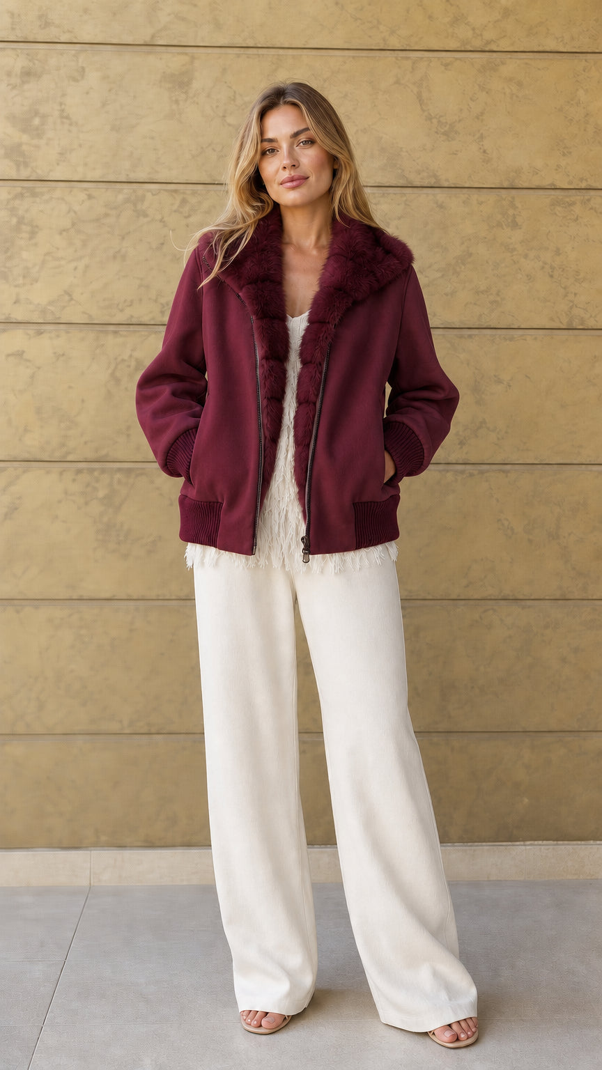 Front view of burgundy red faux-fur collar bomber jacket on model