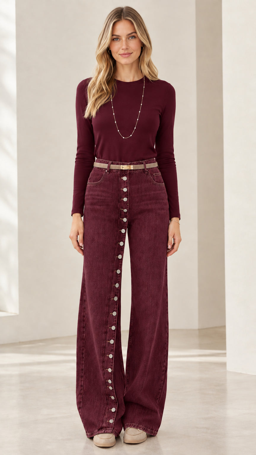 Front full view of model wearing Burgundy high rise button-front wide leg jeans