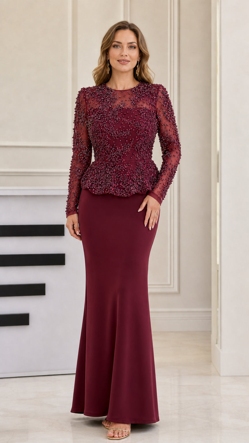 Front view of burgundy wine red long-sleeve beaded peplum evening gown