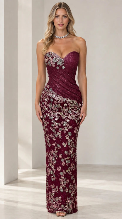 Burgundy strapless floral beaded formal gown front view