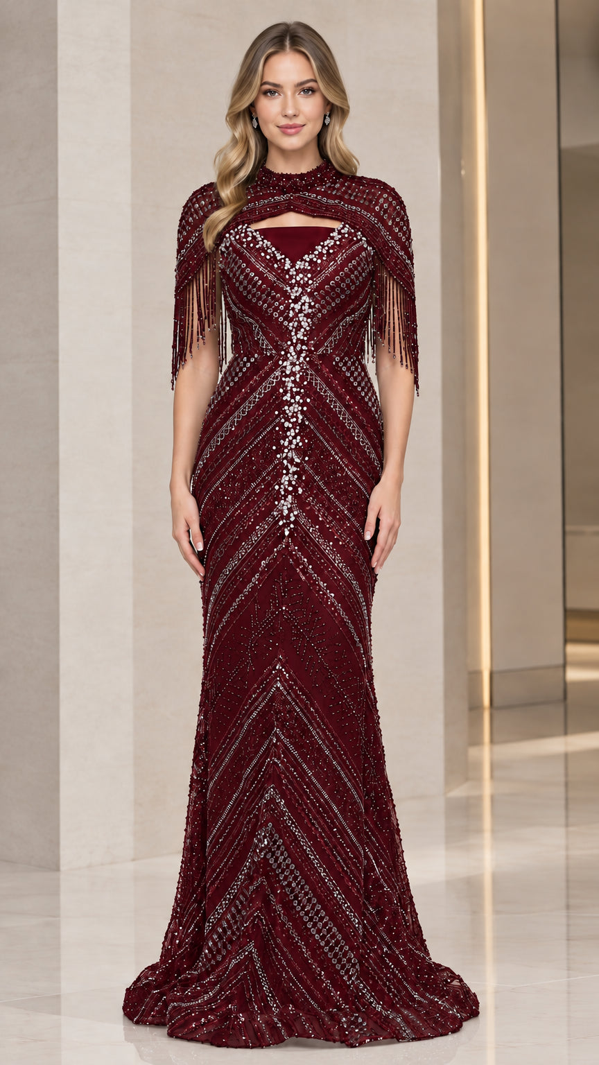 Burgundy wine red sequin beaded fringe capelet evening gown