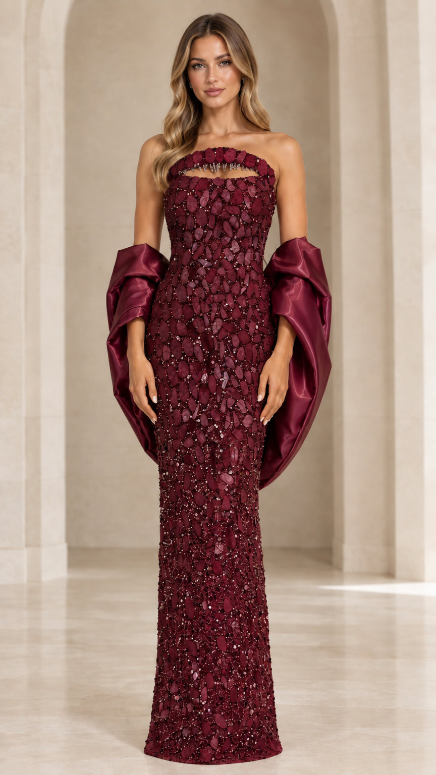 Burgundy wine red embellished column evening gown with satin sleeve wraps